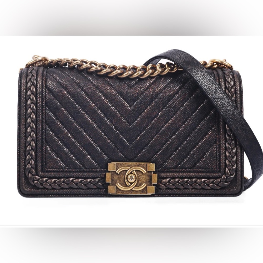 CHANEL Chevron Quilted Caviar Boy Flap Bag with Antique Gold Hardware